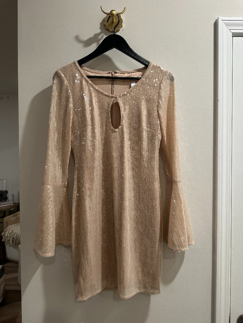HUTCH Long-Sleeve Sequin Mesh Mini Dress in Sequin Cream Size Small